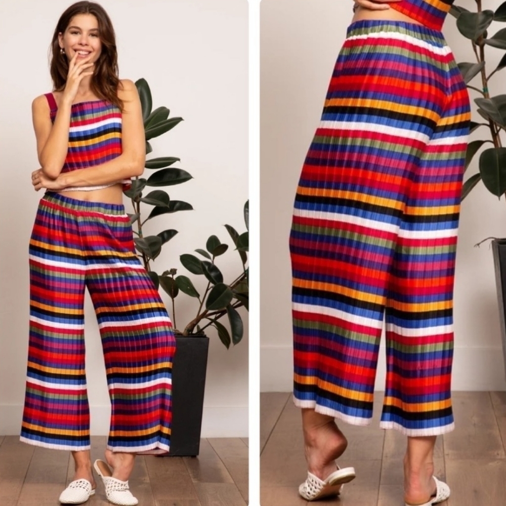Lucy Paris Multicolor Rainbow Pleated Capri Wide Leg Palazzo Pants Elastic Waist